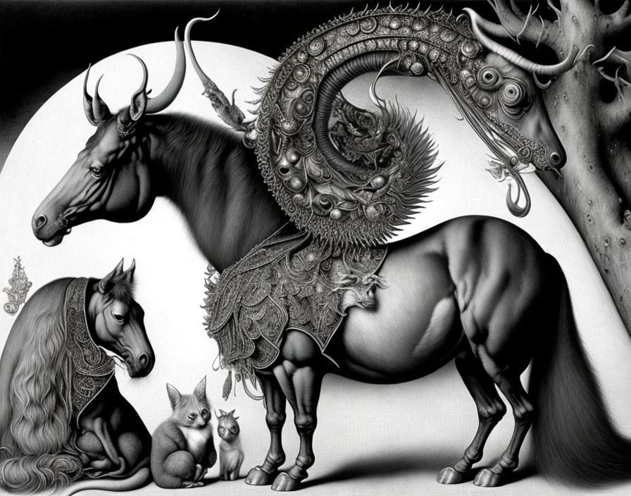 Monochrome illustration of bull, horse, cats, and surreal patterns