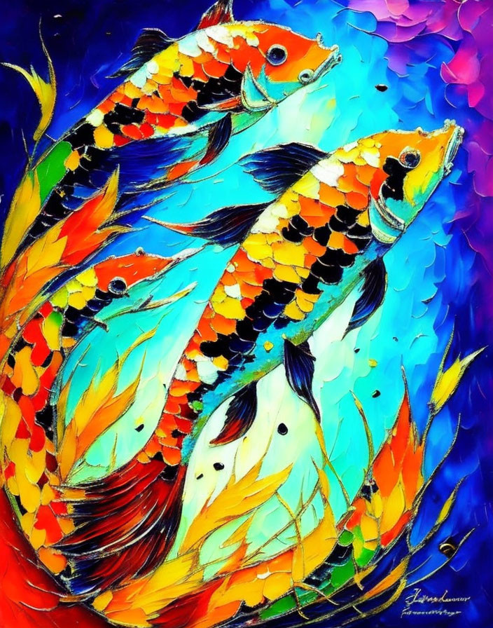 Colorful Abstract Painting of Two Koi Fish Swimming