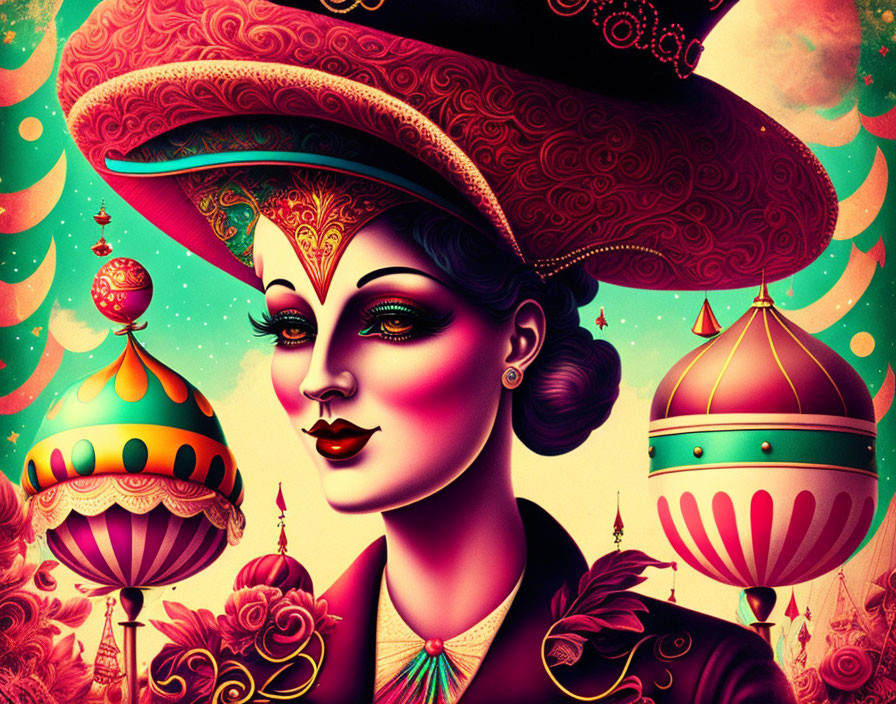 Colorful digital artwork: stylized woman with large hat, whimsical floating structures, intricate floral patterns