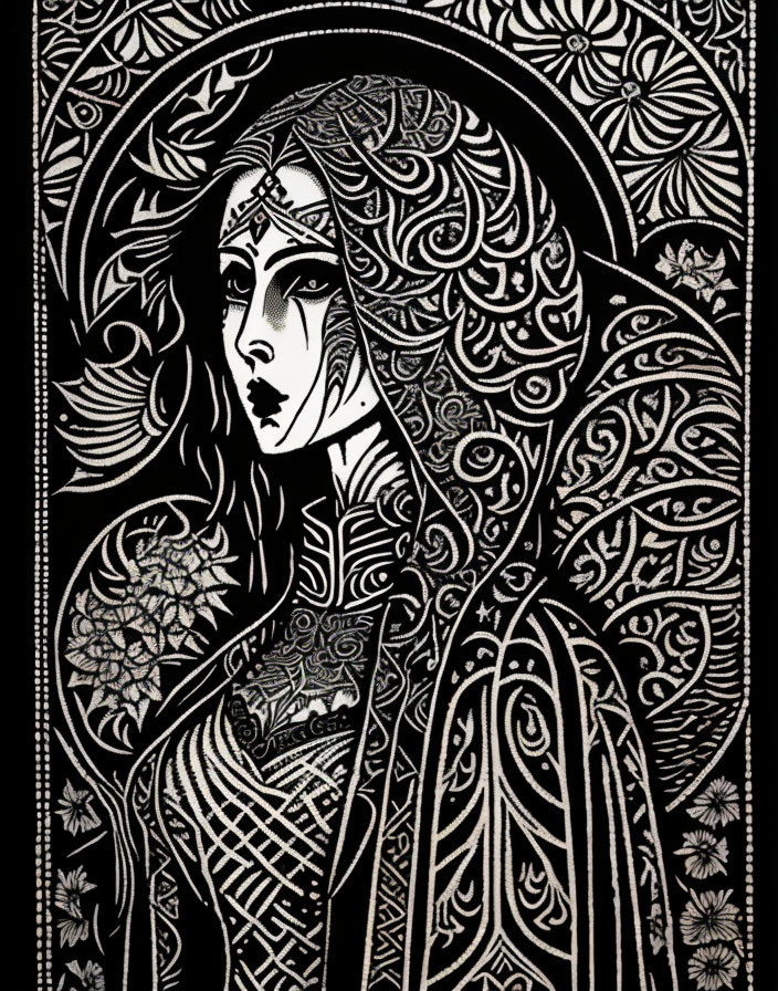 Detailed Black and White Woman Illustration with Floral Motifs