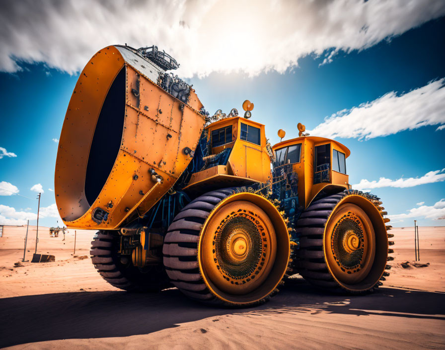 Giant yellow mining dump truck under blue sky