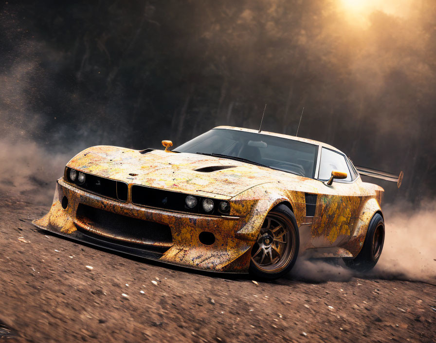 Yellow Racing-Modified Sports Car Drifting on Dusty Road