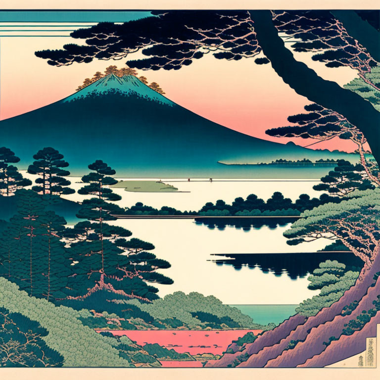 Traditional Japanese Woodblock Print of Mount Fuji with Serene Lake, Pine Trees, and Pink-Blue