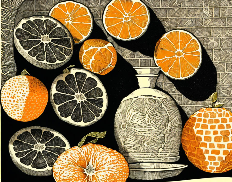 Illustration of sliced and whole oranges with textured patterns on decorative vase background