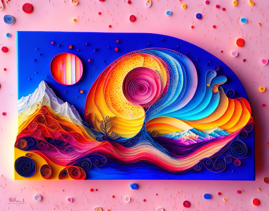 Colorful swirling patterns of mountains, waves, sun, and moon on pink background