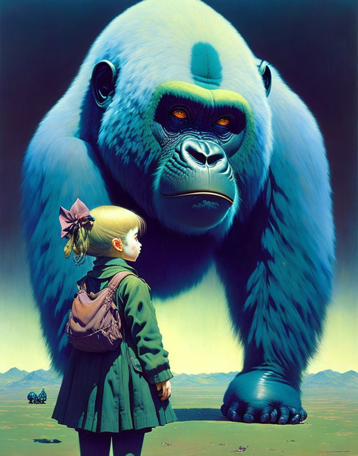 Young girl with backpack meets giant blue gorilla in surreal setting