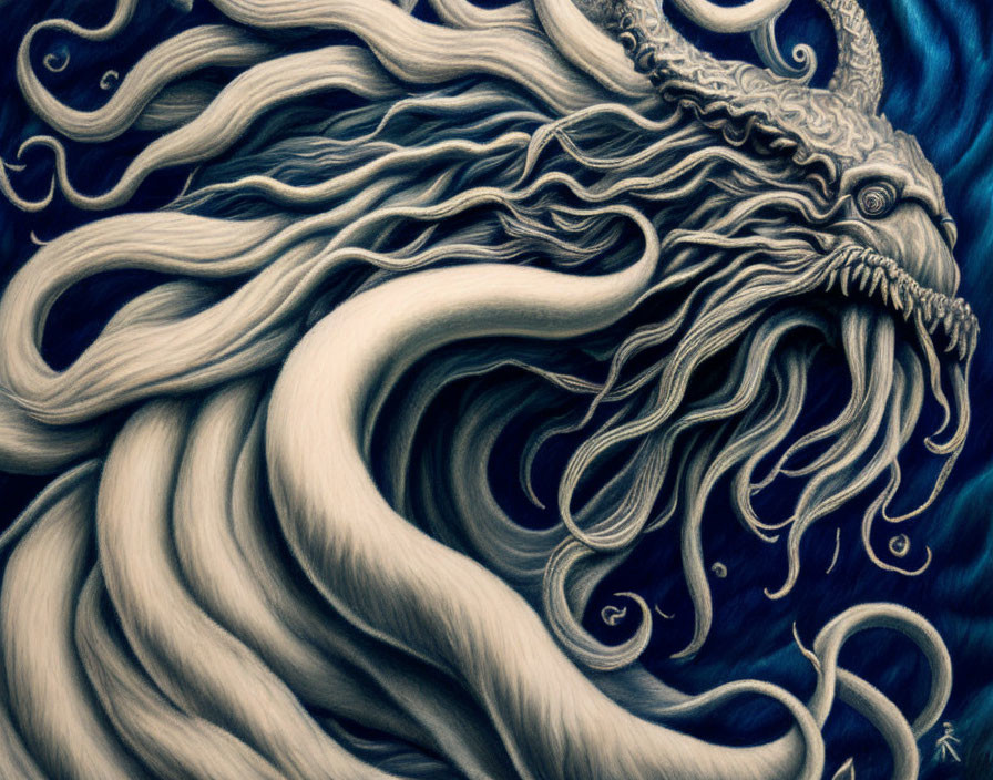 Detailed Illustration: Mythological Creature with Flowing Tentacles