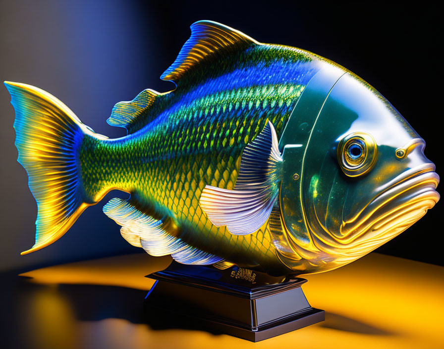 Realistic oversized fish sculpture on pedestal with warm lighting