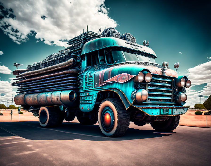 Futuristic blue truck with oversized exhaust pipes and glowing red wheels under cloudy sky