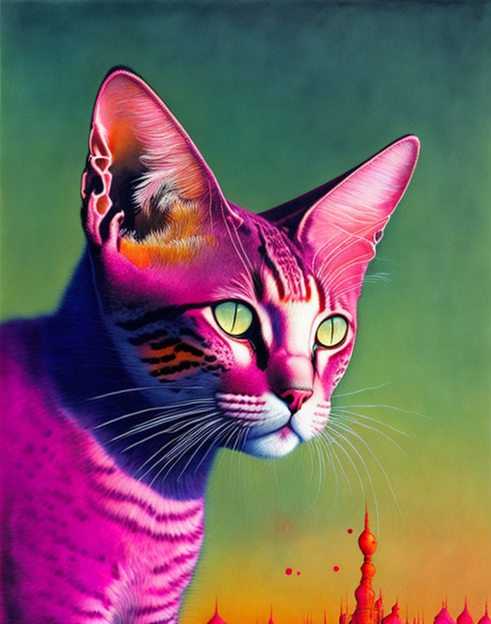 Colorful Cat Illustration with Pink and Purple Fur and Yellow Eyes on Green Background