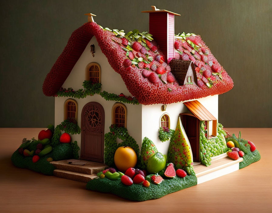 Whimsical fairytale cottage cake with intricate details and fruit garden theme