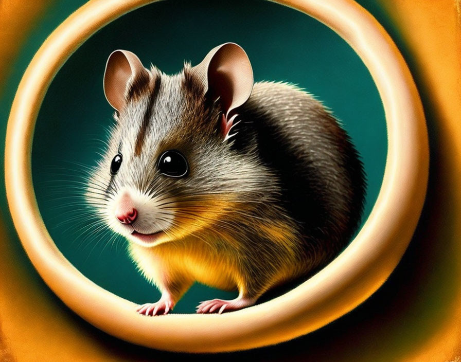 Stylized illustration of cute mouse peeking through glowing aperture