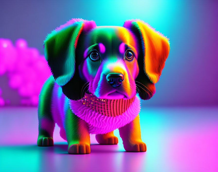 Colorful Neon Puppy on Purple and Blue Gradient Background