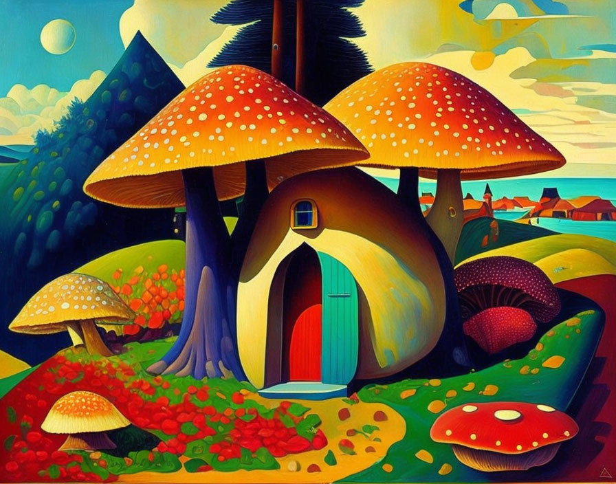 Colorful Mushroom House Painting in Surreal Landscape