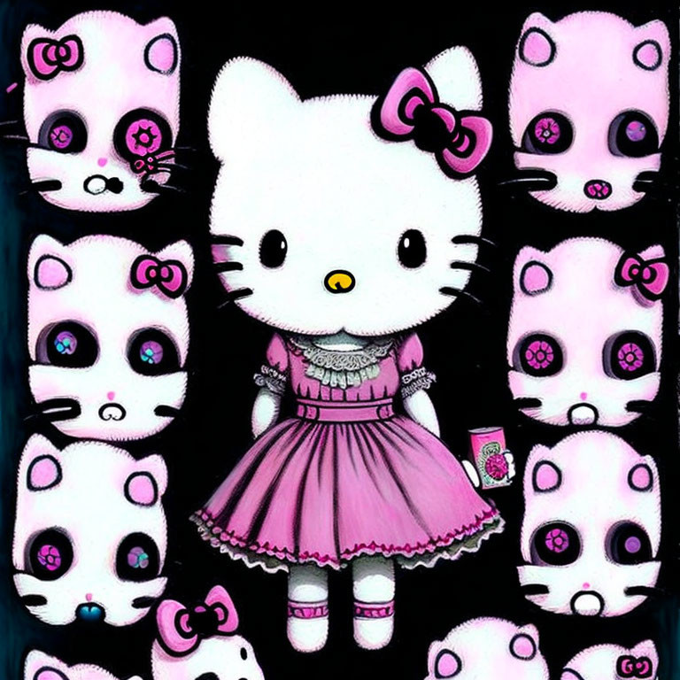 Stylized Hello Kitty in purple dress with skull-faced versions on black background