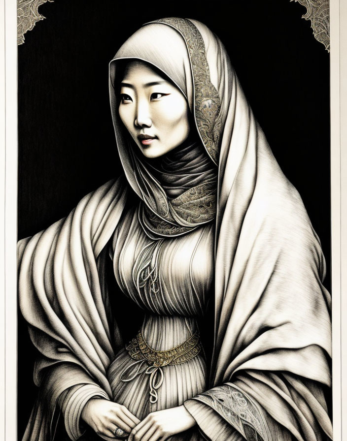 Monochrome illustration of a woman in hijab with intricate patterns