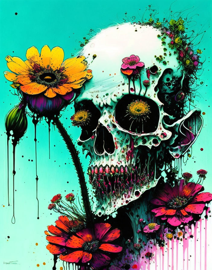 Colorful flower skull painting on turquoise background