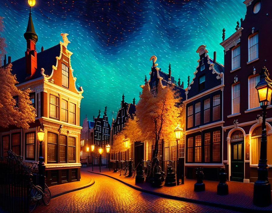 Digitally enhanced European street scene at night with historic buildings and starry sky