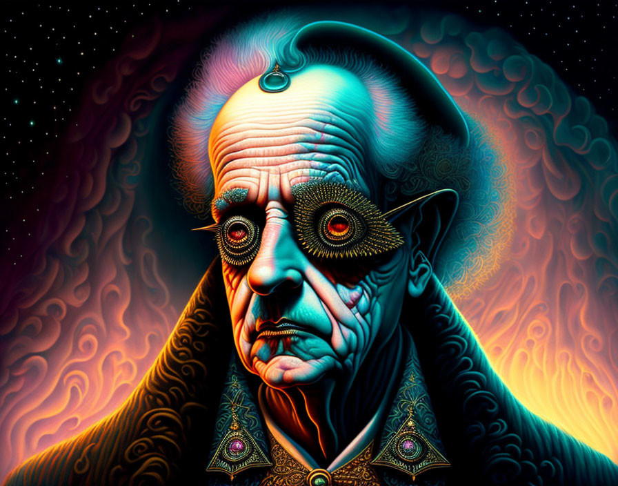 Surreal portrait of man with spiraling eyes and cosmic background