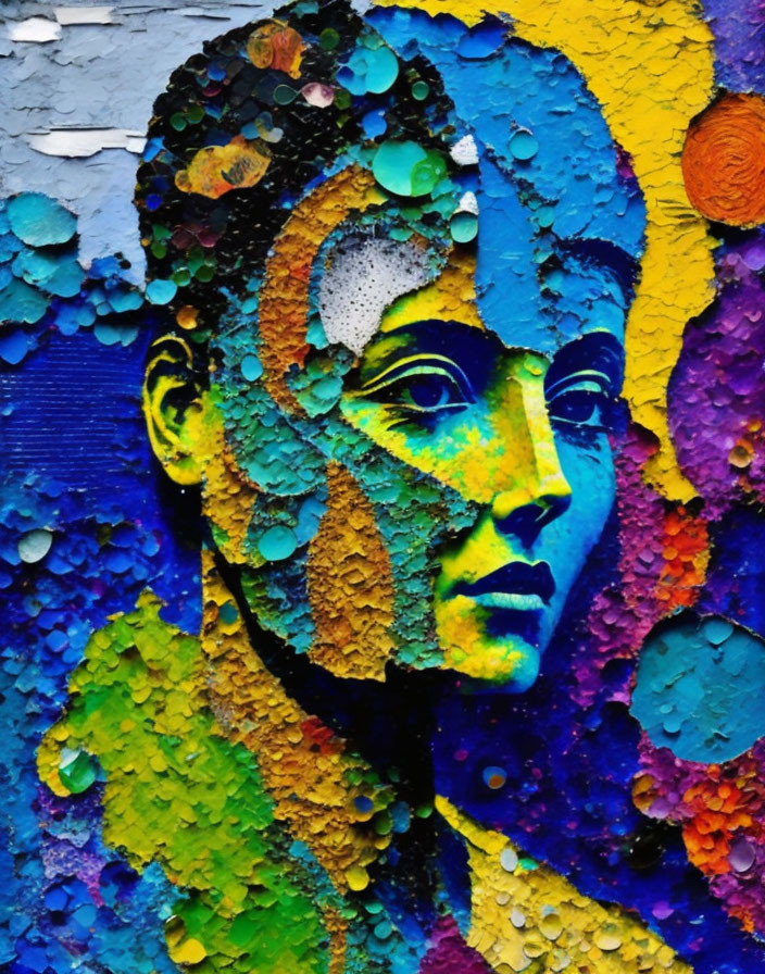 Colorful street art: Woman's profile with vibrant paint splatters & circular shapes