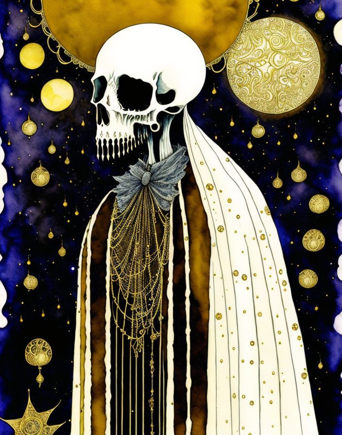 Skull-headed figure in celestial setting with gold and white drapery and star motifs.