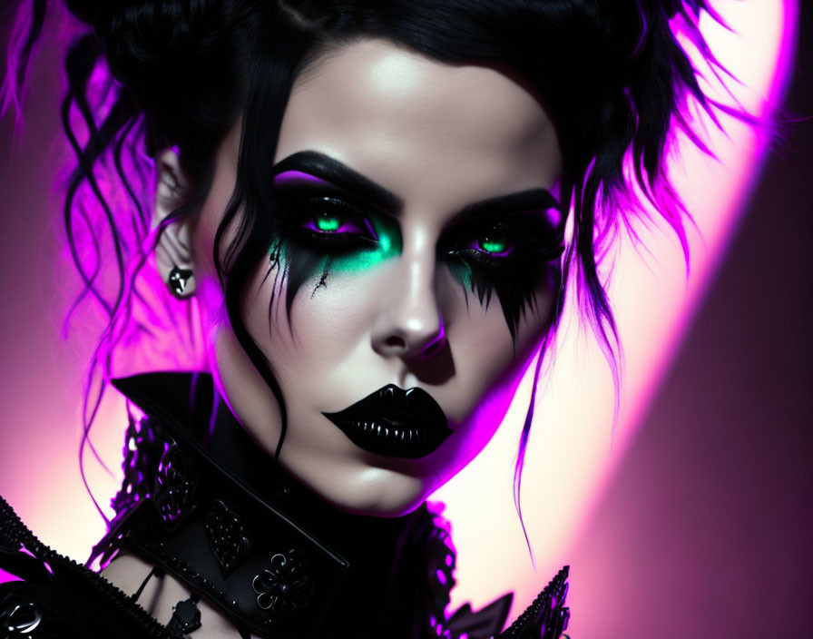 Intense green eye makeup and gothic fashion in dramatic portrait