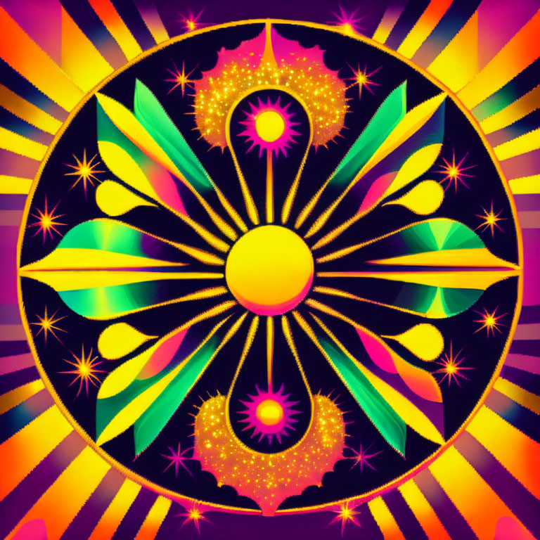 Colorful Mandala with Sun Motif and Stars on Psychedelic Background