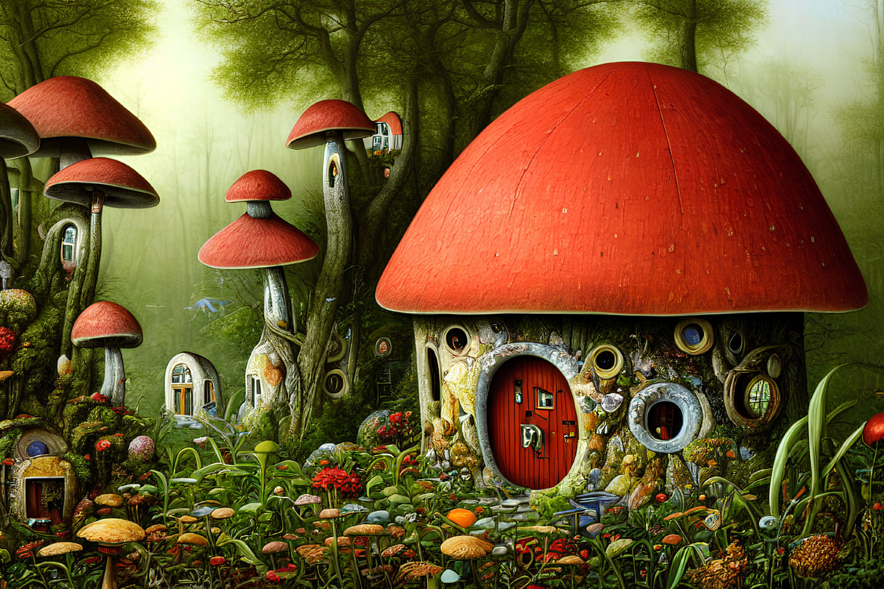 Fantasy illustration: Large red mushroom house in forest