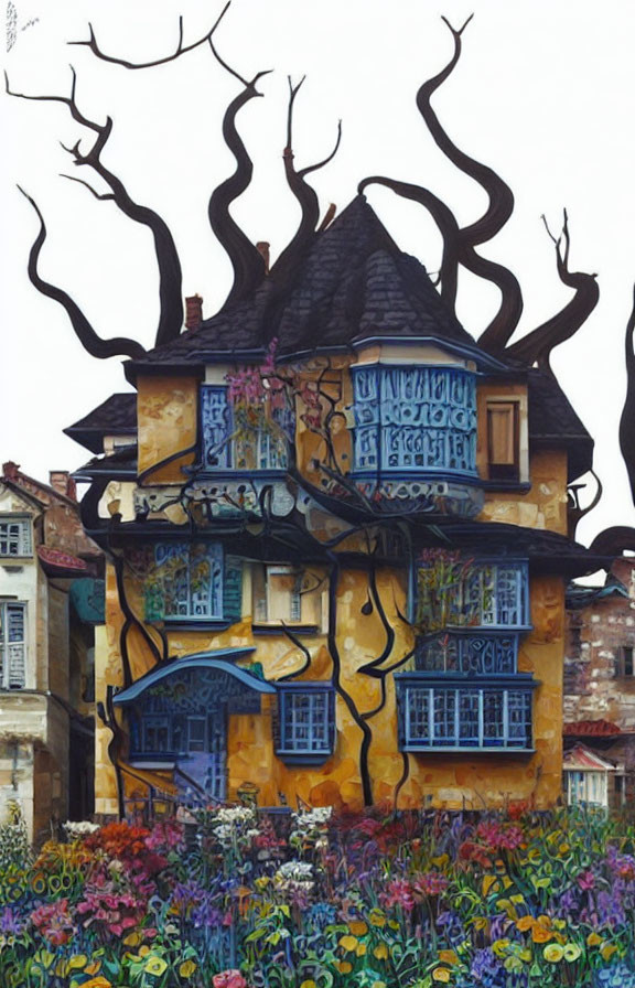 Whimsical yellow house painting with twisted black branches and vibrant flowers