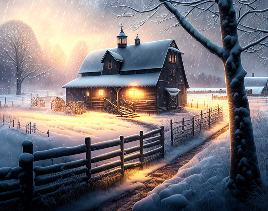 Snow-covered barn with warm lights in winter scene