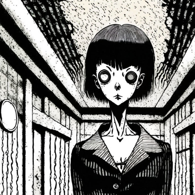 Wide-eyed girl with bob haircut in spooky room with striped shading