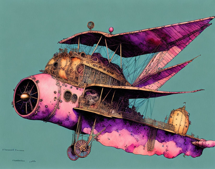 Detailed steampunk-style airship illustration with purple hues