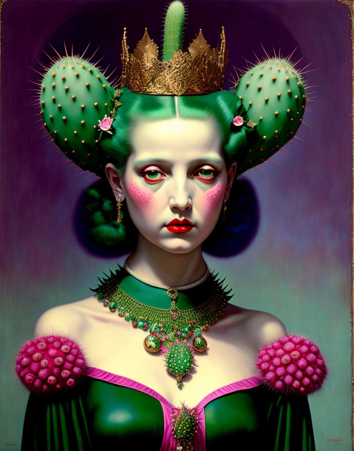 Surreal portrait of woman with cactus crown and green attire