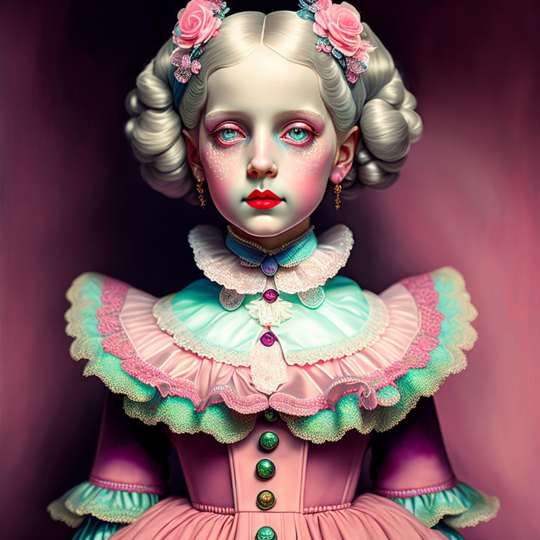 Victorian doll-like figure with pale skin and roses in hair