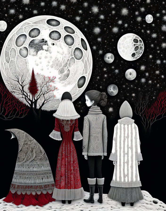 Three individuals in elaborate attire observe a surreal moonscape with multiple moons, barren trees, and a star