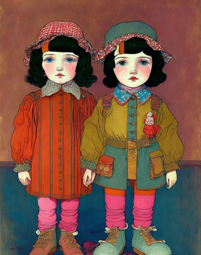 Stylized children in vintage clothing with large eyes, red and blue color palette