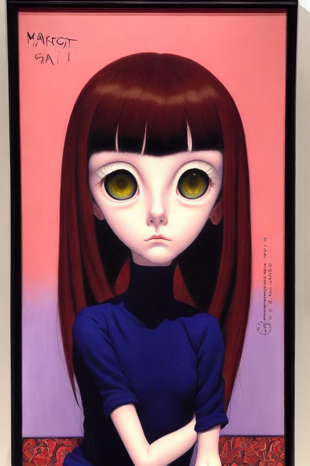 Stylized girl with oversized eyes in blue top on pink background