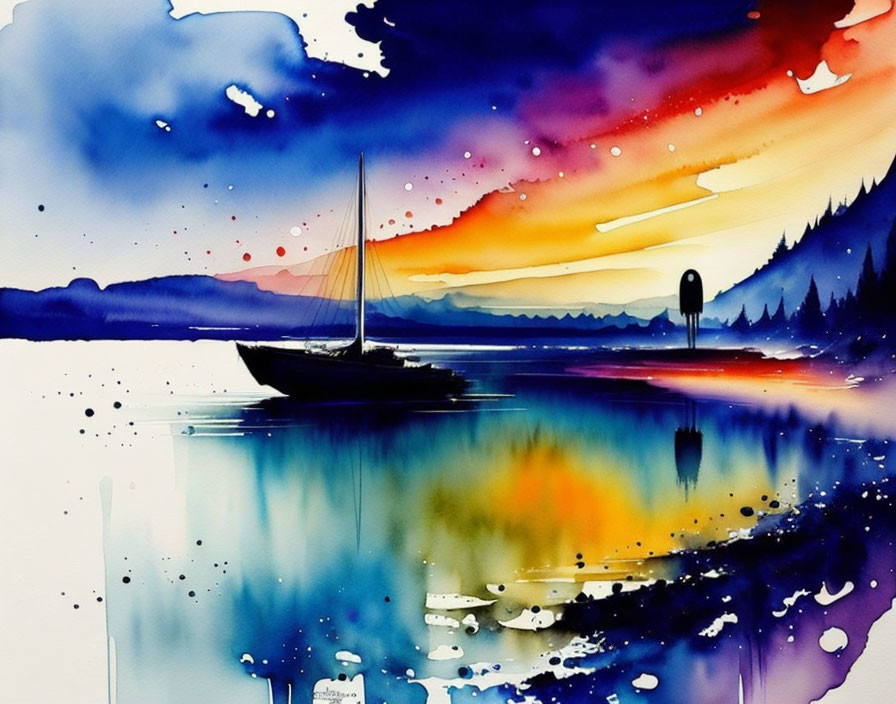 Sailboat Watercolor Painting with Sunset Sky Reflections