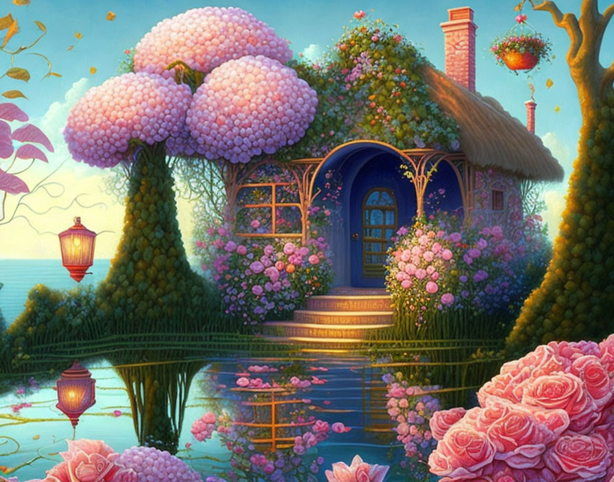 Charming cottage with blue door surrounded by greenery and pink flowers by tranquil pond at twilight