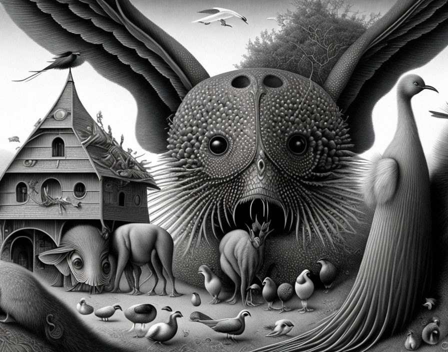 Detailed grayscale surreal artwork with fantastical creature, animals, birds, and house in harmonious composition