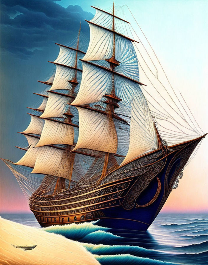 Tall ship with multiple sails on calm seas under gradated sky