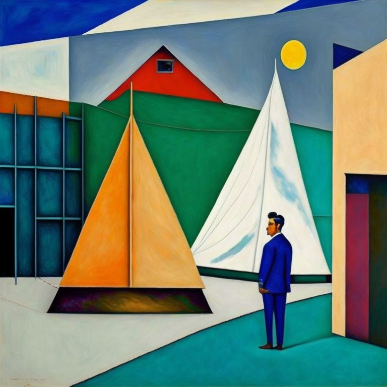 Man in suit views sailboats amidst colorful geometric shapes in clear sky