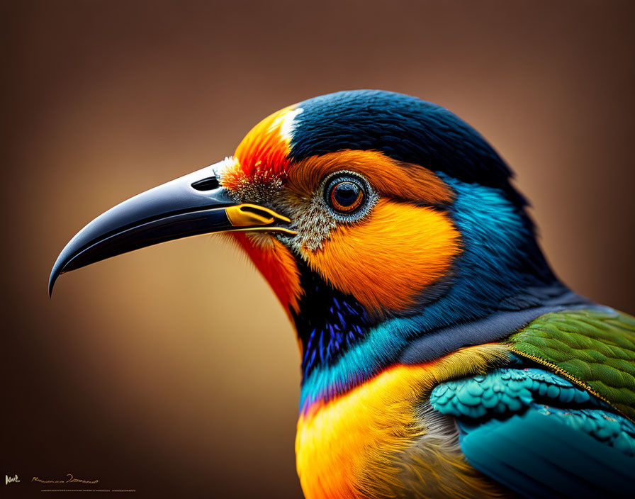 Colorful Bird with Blue, Orange, and Green Hues on Soft-focus Background