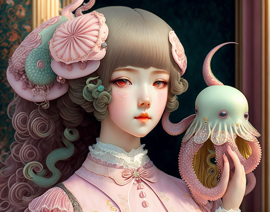 Victorian girl with porcelain skin holding stylized octopus in marine-themed attire