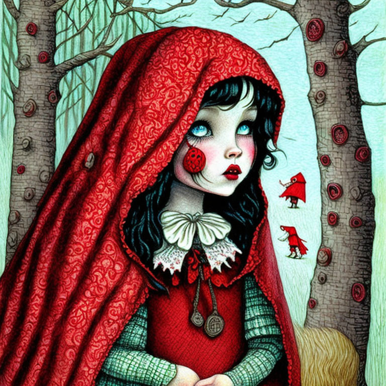 Melancholic girl in red hood in whimsical forest scene