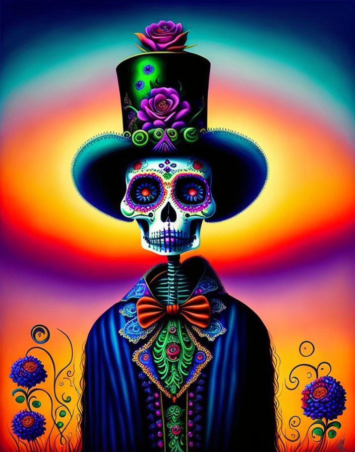 Colorful Skeleton in Top Hat with Rose on Psychedelic Background