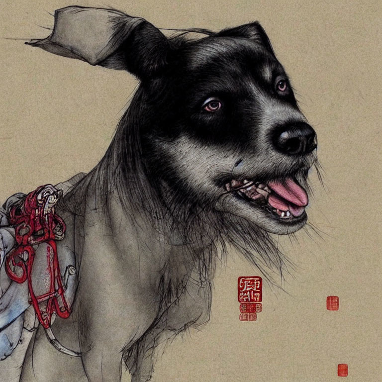 Illustration of black dog with human eye blending canine and human features on paper-brown background.