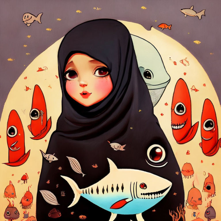 Whimsical hijab-wearing girl surrounded by cartoon sea creatures on ochre background