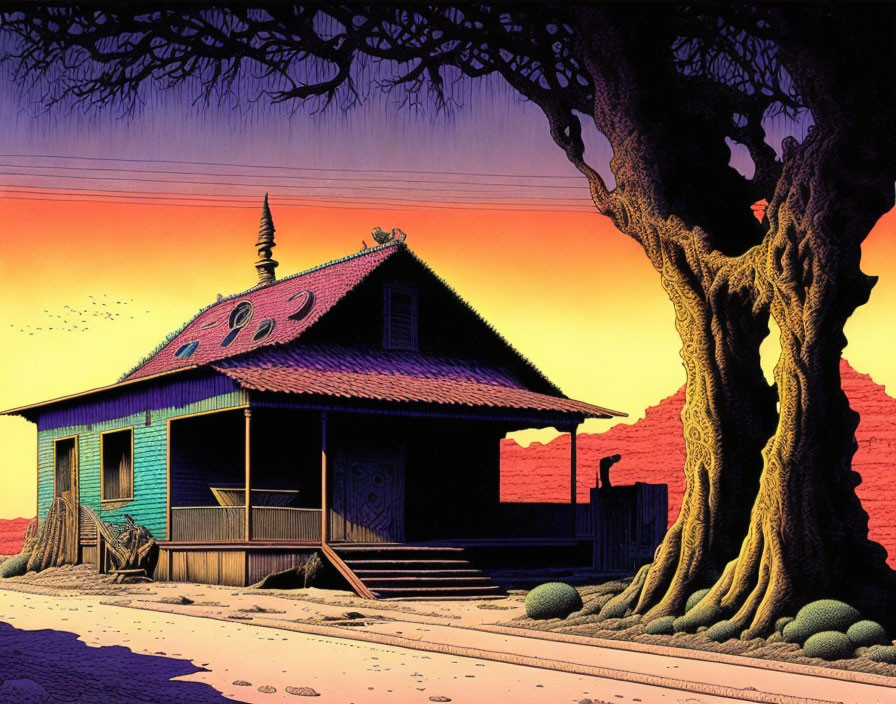 Vibrant sunset scene with colorful wooden house and tree.