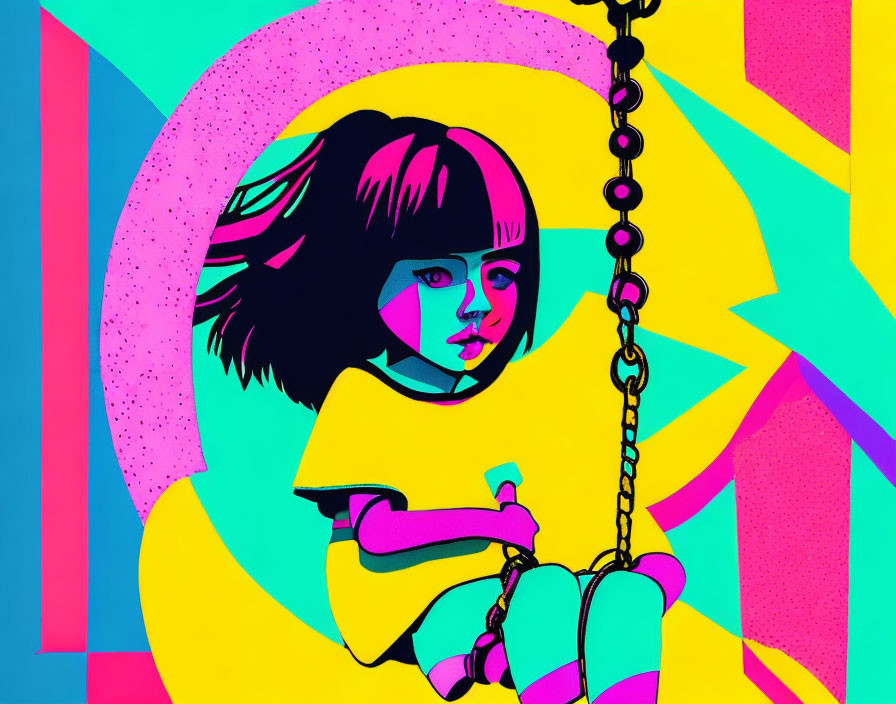 Colorful digital artwork: girl with bob cut hair on swing in neon geometric setting